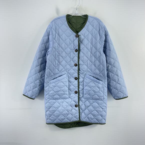 J.Crew Green/Blue Nylon Button-Up Reversible Puffer Jacket Women’s M Preowned - Picture 3 of 8